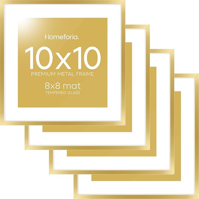 Homeforia Square 10x10 Gold Frame, High End Metal 10 by 10 Picture Frames with Mat 8 x 8, 10by10 Thin Poster Frame Matted to 8x8 inch Photo, Wall or Tabletop Frames, Tempered Glass, Wall Kit, Set of 4