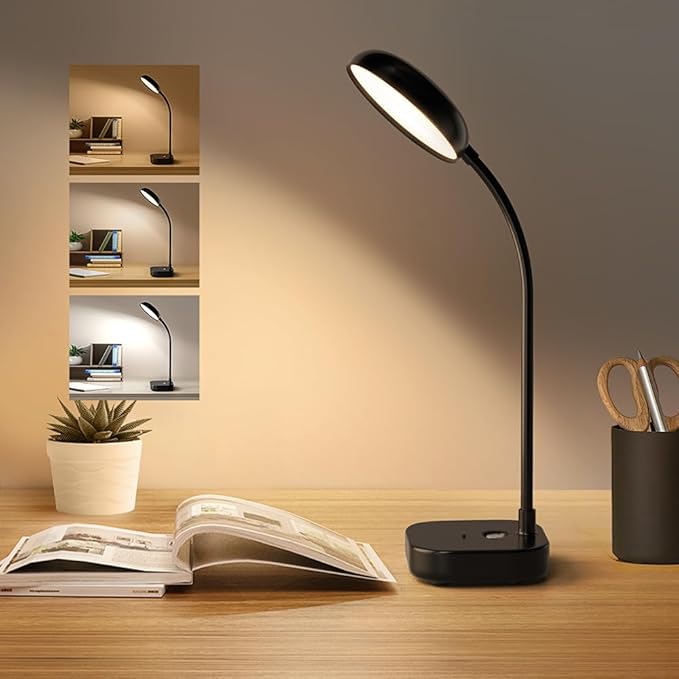 Battery Desk Lamp Light,Black,Cordless desk lamp rechargeable,Small gooseneck lamp for desk,400LM LED Light,3 Colors (White/Warm White/Warm),Adjustable brightness,360° Hose,20 LED for Bedroom&Reading