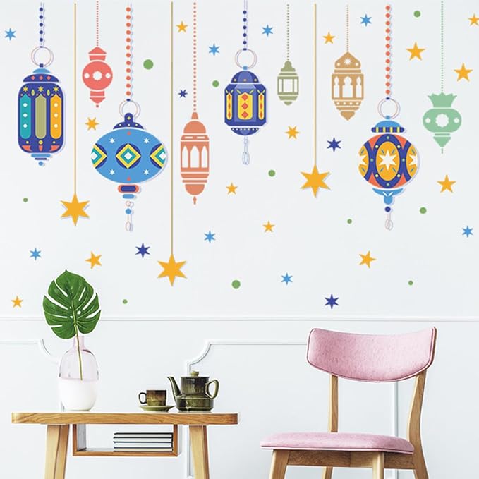 Colorful Lantern Pattern Wall Decal for Room Decor Handmade Celebration Wall Sticker Peel and Stick Star Lantern Theme for Holiday Celebration