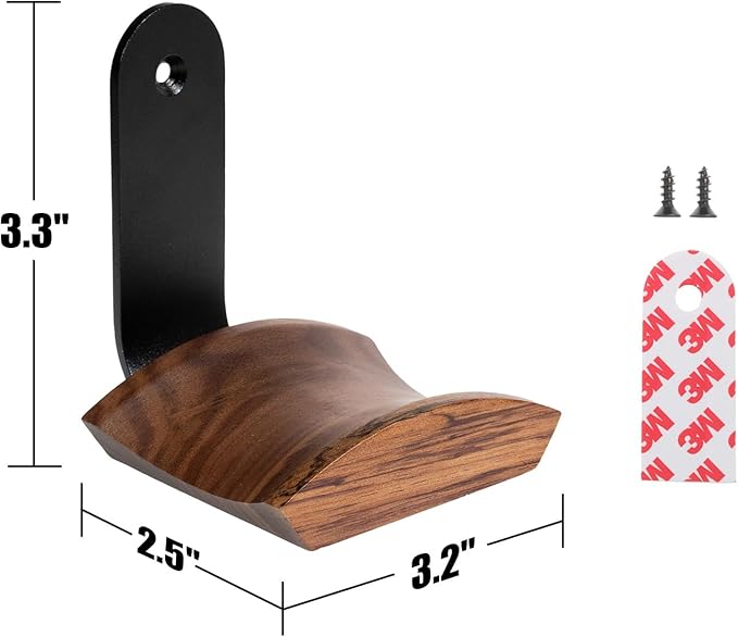Wood Headphone Wall Mount Holder, with VHB Adhesive Tape and Screw, Holds 10 lbs (Black & Walnut Wood, 2 Pack)
