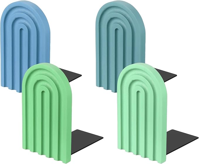 PATIKIL 4Pcs Boho Arch Bookends, Non-Skid Wood Book Ends Rainbow Wooden for Shelves Book Stopper Stand Cute for Holding Books Movie CD Home Office Library Decorative, Blue Tone/Green/Cyan