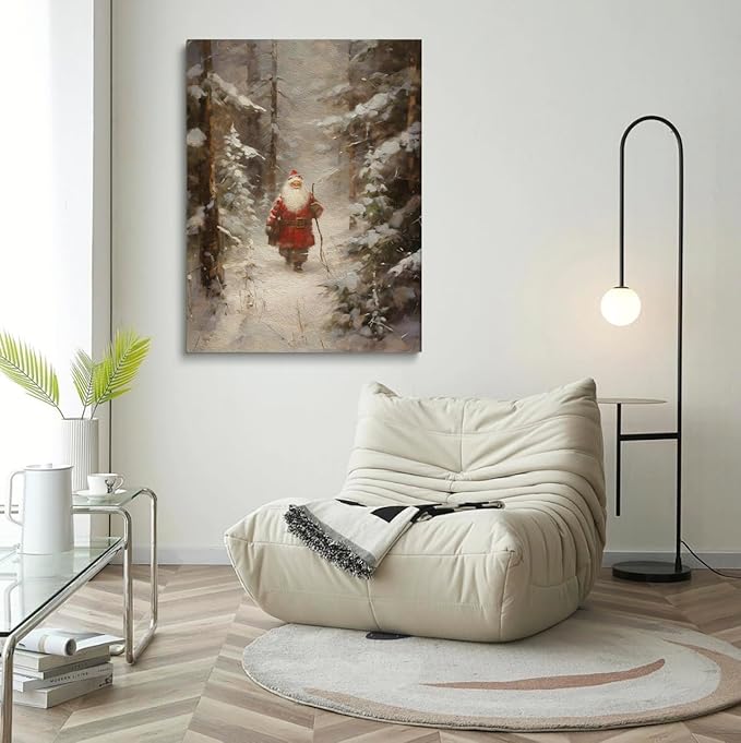 Christmas Country Painting,Vintage Santa Oil Painting, Snow Farmhouse Scene Print,Vintage Santa Poster,Christmas Wall Art, Christmas Vertical Print, Christmas Home Decor12x16inch Framed Art
