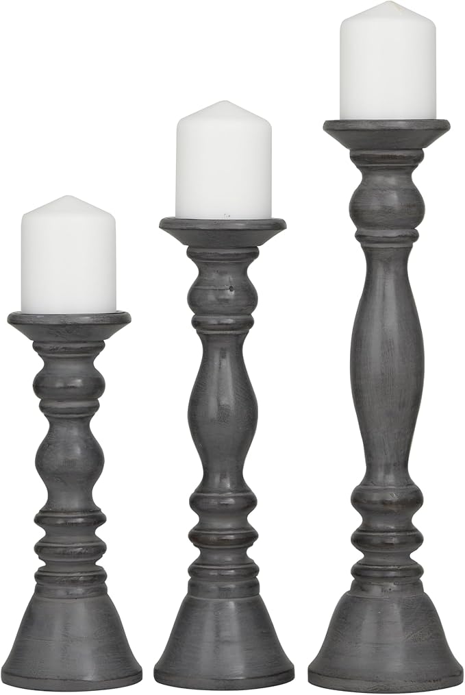Deco 79 Wood Decorative Candle Holder Candle Stand, Set of 3 Candlestick Holder 18, 15, 12" H, Gray