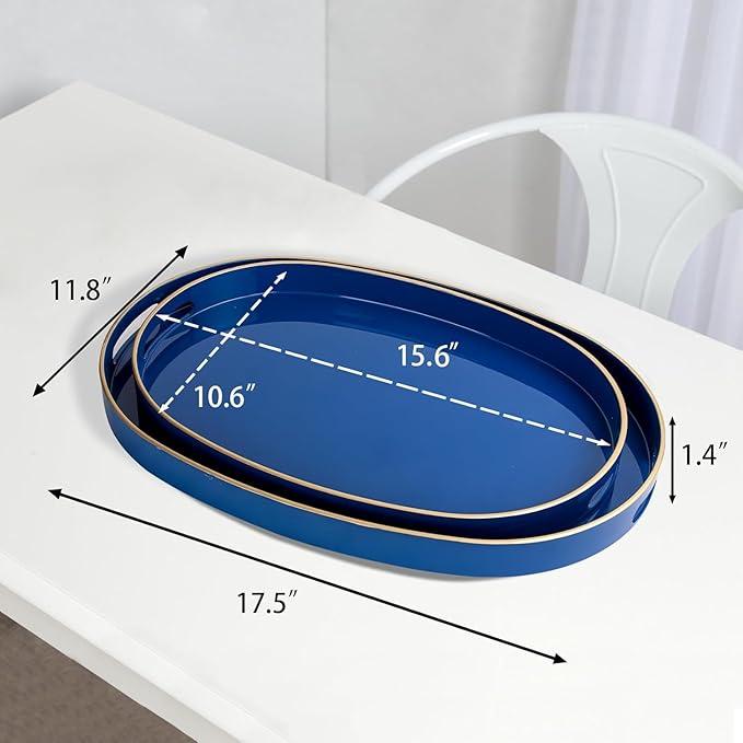 MAONAME Blue Serving Trays with Handles, Oval Decorative Tray for Coffee Table, Nesting Trays Set of 2, Plastic Vanity Tray for Ottoman, Living Room