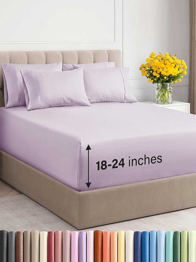 Extra Deep Full Sheet Set - 6 Piece Breathable and Cooling Sheets - Hotel Luxury Bed Sheets Set - Easy Fit - Soft, Wrinkle Free and Comfy Sheets Set - Light Lavender Sheet Set with Extra Deep Pockets