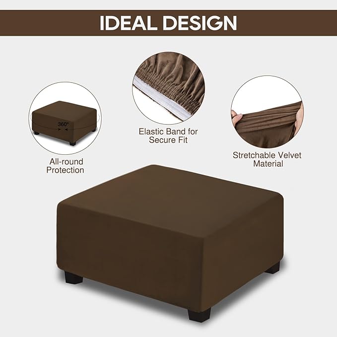 NeColorLife Ottoman Cover Velvet Storage Ottoman Slipcover Thick Stretchable Footrest Stool Covers with Elastic Band for Rectangle and Square Ottoman(Medium Size,Brown)