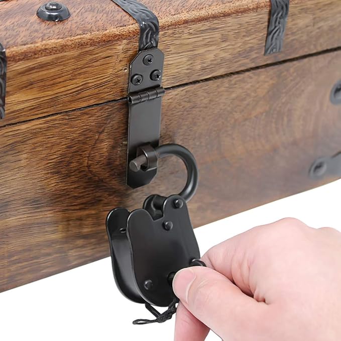 Nautical Cove Treasure Chest Wooden Box with Antique Iron Lock and Skeleton Key (Medium 12.5x6x5.5) - Storage and Decor – Pirate Chest, Decorative Storage Chest with Hinged Lid, Wood Treasure Box