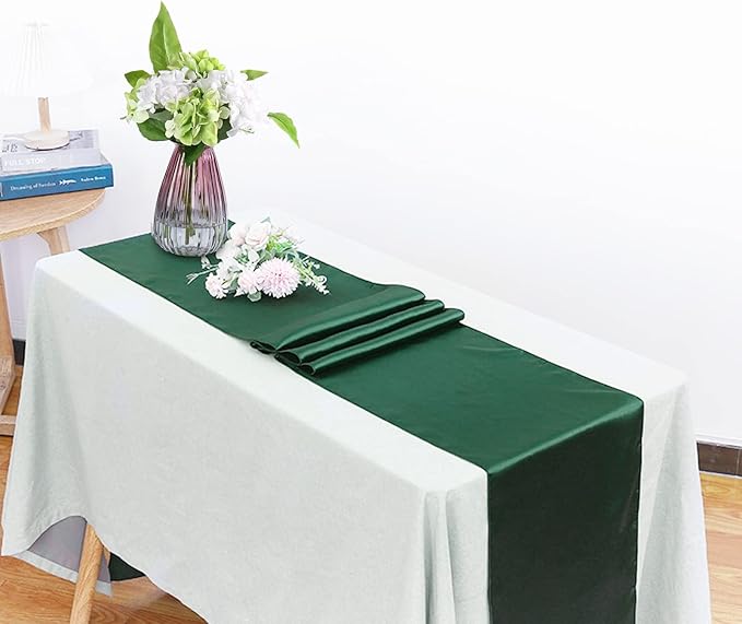 12 Pack Forest Green Satin Table Runner 12x108 Inches Long, Silk and Smooth Fabric Table Runner for Wedding, Parties, Banquets, Events Decoration