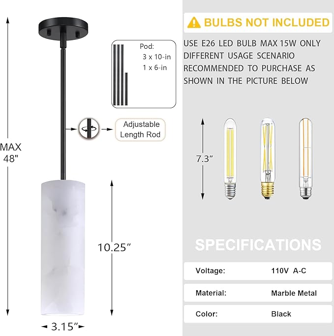 Natural Alabaster Cylinder Marble Hanging Kitchen Island Modern Industrial Farmhouse Pendant Ceiling Light Fixture,2 Pack Black Finish Over Sink Restaurant bar Corridor