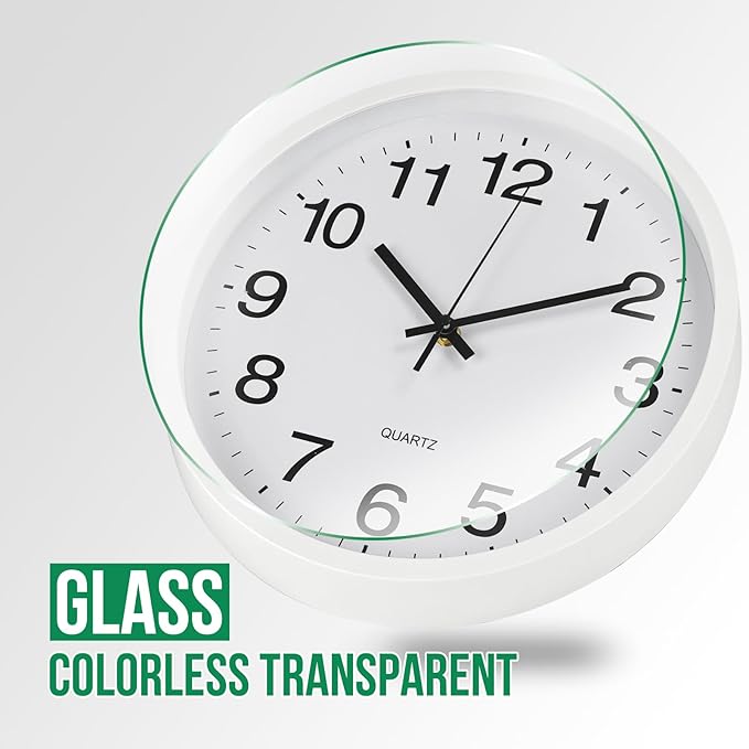 Wall Clock Modern Simple Style Round Plastic Decor Clock Non-Ticking Silent Quartz Movement Wall Clocks for Home/Office/School/Living Room/Bedroom/Kitchen (White, 12 Inch)