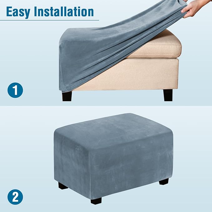 H.VERSAILTEX Real Velvet Plush 1 Piece Form Fit Stretch Rectangle Folding Storage Covers Ottoman Slipcovers Removable Footstool Protect Footrest Covers Elastic Bottom Washable(X-Large, Stone Blue)