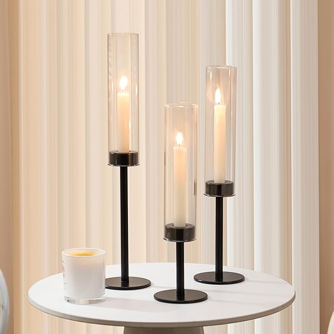 Black Hurricane Candle Holders Set of 3, Tall Metal & Windproof Glass Taper Candle Holders, Outdoor/Indoor Table Centerpieces for Weddings, Christmas, Parties, Fireplace Decor