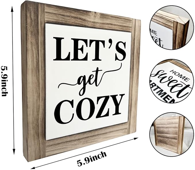 Inspirational Wood Signs, Box Wood Plaques Desk Décor, Farmhouse Home Decor Sign for Shelf, Family Table Decor for Kitchen Bedroom Dining Room, Living Room Decor, Housewarming Gift, Let's Get Cozy