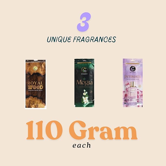 Hashcart Natural Incense Gift Set of 3 Includes 200+ Sticks Premium Fragrances Each of Royal Wood, Mogra, Intimate, 110g Each, 45-50 Min Burn Time with 1 Assorted Incense Stick Holder