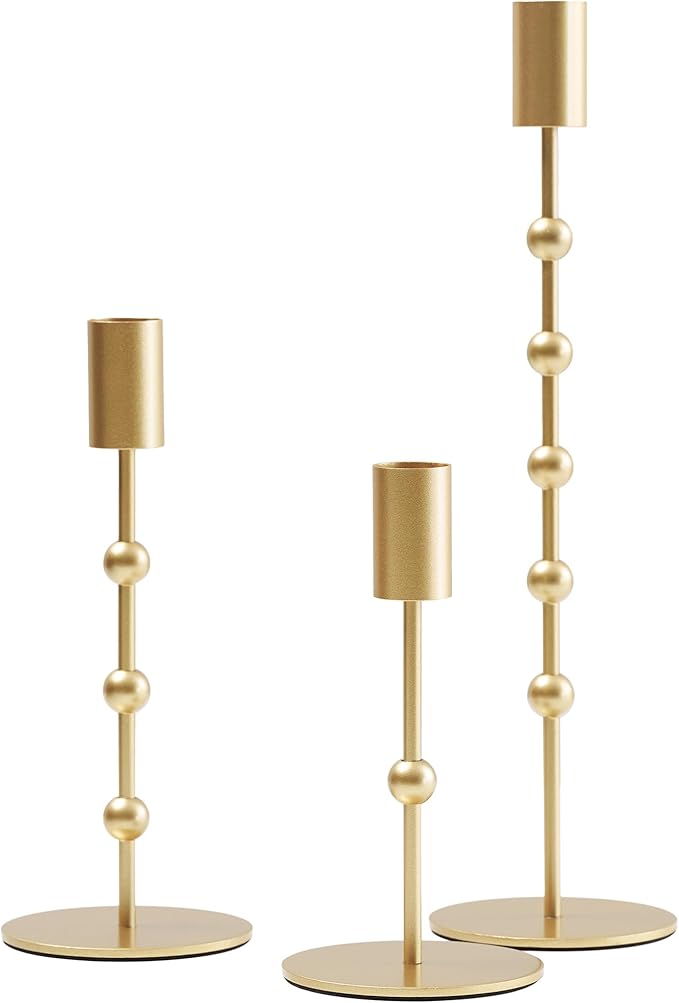 DN DECONATION Gold Candle Holders, Vintage Metal Beaded Taper Candlestick Holders Set of 3 for Wedding, Home Decor, Pillar Candle Sticks Holder Fall Decor for Halloween Table Centerpieces