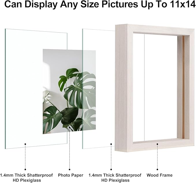 Egofine 11x14 Floating Frames Set of 2, Double Plexiglass Picture Frame, Made of Solid Wood Display Any Size Photo up to 11x14, Wall Mount or Tabletop Standing, Beige