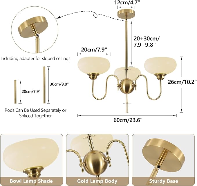 BOKT Gold and White French Chandelier Modern 3 Light Dining Room Chandelier Over Table Vintage Foyer Chandeliers Adjustable