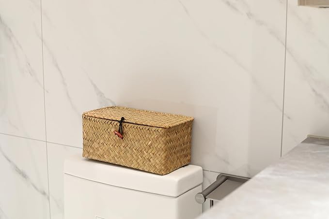 DOKOT Rectangular Handwoven Seagrass Small Storage Basket with Lid for Shelves and Home Organizer Bins,S (10.2"x5.5"x4.3"H), Yellow