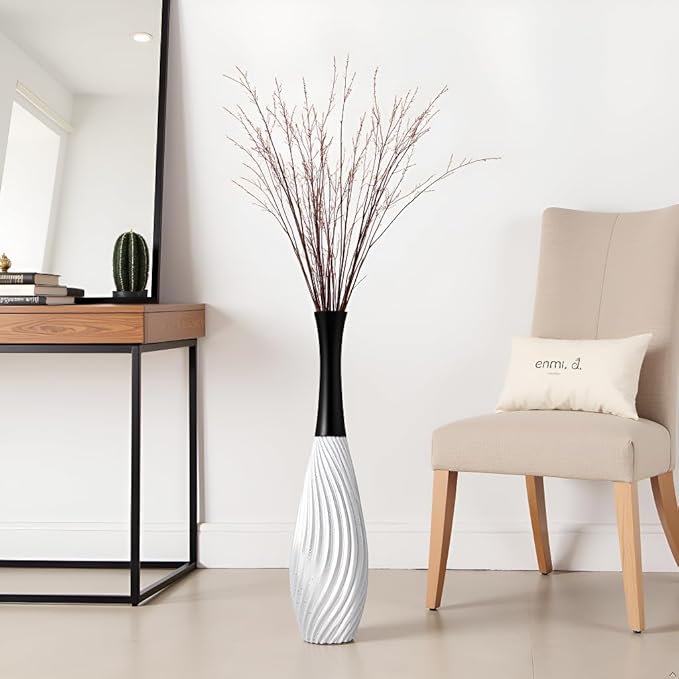 23.6" Silver Tall Vases - Black Neck Teardrop Tall Floor Vase with Textured Vertical Lines & Speckled Finish, Modern Decorative Floor Vase for Living Room, Office, Wedding Decor - Resin