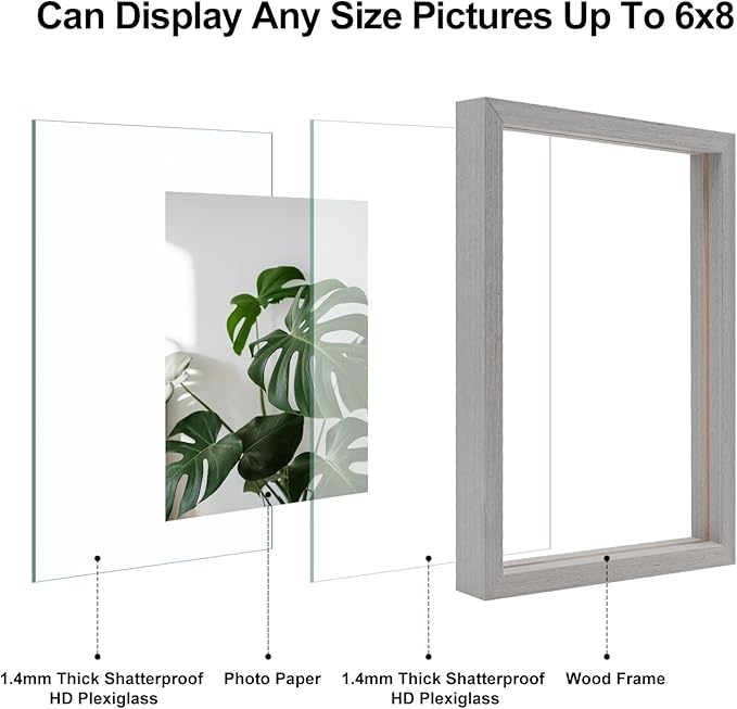 Egofine 6x8 Floating Frames Set of 2, Double Plexiglass Picture Frame, Made of Solid Wood Display Any Size Photo up to 6x8, Wall Mount or Tabletop Standing, Light Grey