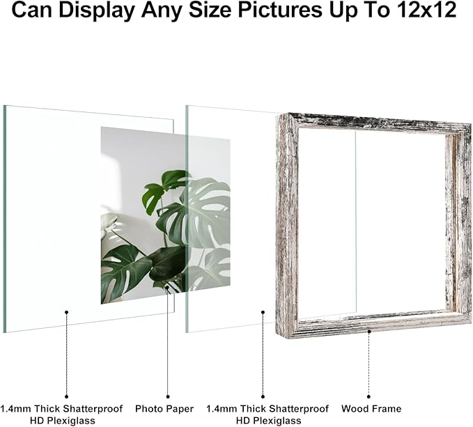 Egofine Distressed White 12x12 Floating Frames Set of 2, Double Plexiglass Picture Frame, Made of Solid Wood Display Any Size Photo up to 12x12, Wall Mount or Tabletop Standing