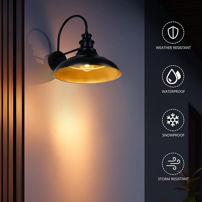 Outdoor Barn Light Fixtures, 16 Inch Large Dome Farmhouse Exterior Wall Mount Lights, Rustic Wall Sconces Indoor Wall Lighting, Industrial Black Gold Lanterns for Porch, Garage, 2 Pack