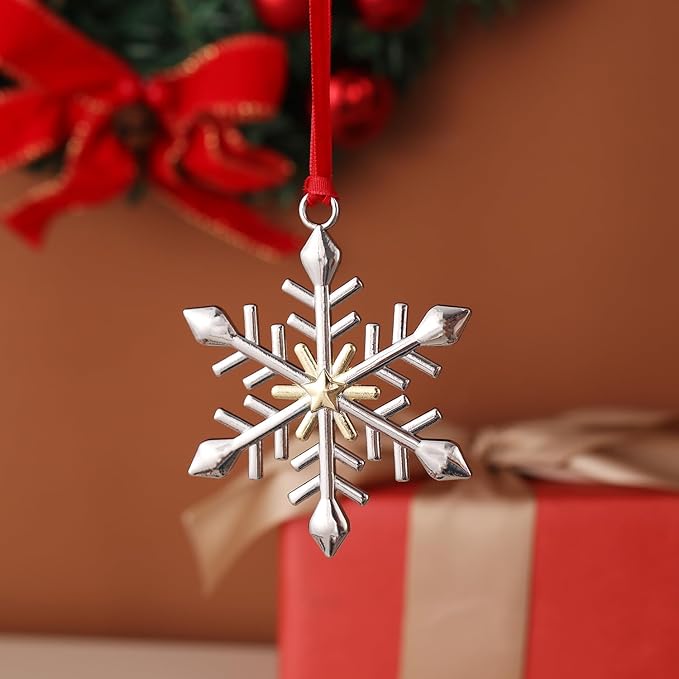 Snowflake Christmas Ornament Set - Silver & Gold Plated Metal Snowflake Ornaments for Christmas Tree - Annual Holiday Keepsake (Style B)