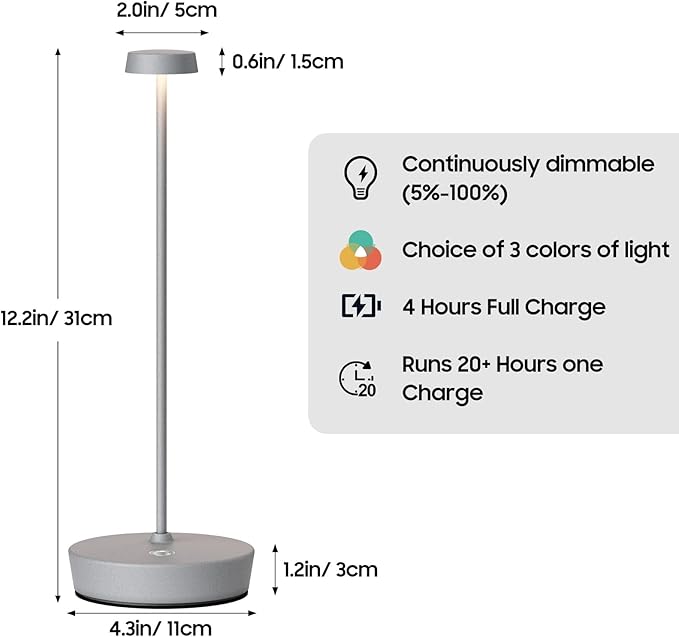 Cordless LED Table Lamp，Rechargeable Battery Desk Lamps, 3 Color Stepless Dimmable Metal Battery Table Lamps, Portable Waterproof Table Light for Indoor/Outdoor/Restaurant (2Pack Gray)