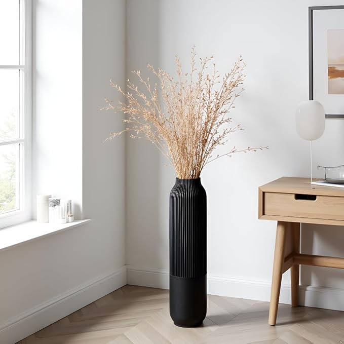 Tall Floor Vase, 23.6 inches (60cm) Tall Vases Sturdy, Luxury, Textured for Decorative Branches Dried Flowers, Floor Vase for Rustic, Living Room, Shelf Decor, Resin Black