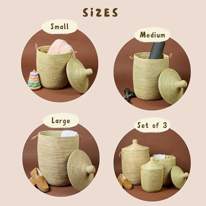 Small Natural Beige Decorative Woven Wicker Basket Hamper - Organize Laundry, Toys, Blankets, Pillows, Clothes, Towels - Storage Bins for Home, Baby Nursery, Living Room, Bedroom, Bathroom