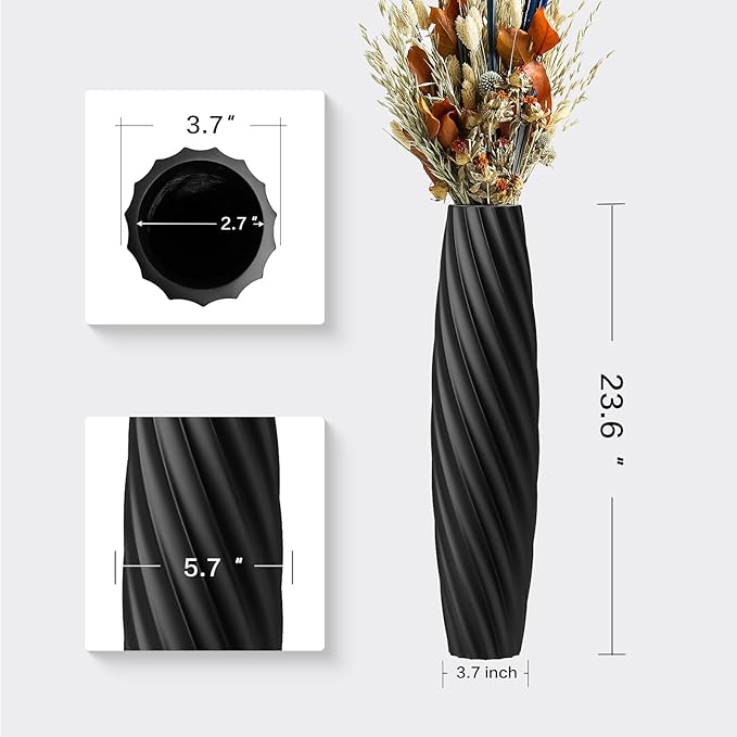 Tall Floor Vase, 23.6 inches Tall Vases Sturdy, Luxury, Textured for Decorative Branches Dried Flowers, Floor Vase for Rustic, Living Room, Shelf Decor (Black)