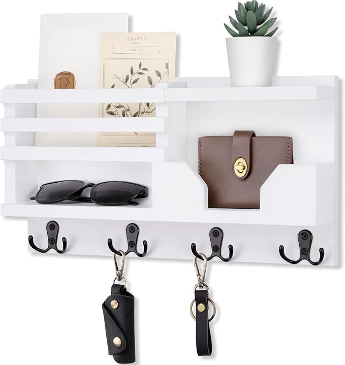 Mail and Key Holder for Wall – Decorative 15.9” x 8.7” x 3.2” Entryway Organizer with Shelf – Paulownia Wood with 4 Dual Hooks Includes Mounting Hardware and Installation Guide