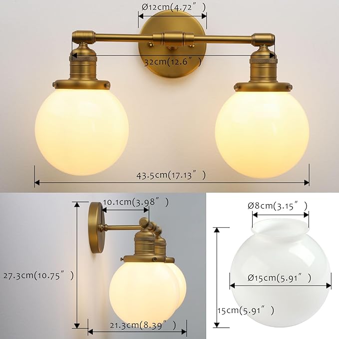 Pathson Milk White 2-Light Wall Sconces, Hardwired Bathroom Sconces for Mirror, Globe Glass Wall Vanity Lights Vintage Wall Sconce Lamp for Living Room Bedroom Farmhouse Lighting