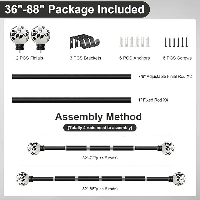 Ceramic Black Curtain Rods for Windows 48 to 84 Inches Adjustable Length Heavy Duty 1" Diameter Window Curtain Rod with Modern Leaf Pattern Decorative Finials for Bedroom Kitchen Living Room