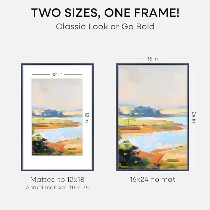 Homeforia 16x24 Navy Blue Picture Frame, High End Metal 16x24 Poster Frames with Mat 12x18 inch Photo, 16 x 24 Navy Blue Frame Matted to 12 by 18 Print, 24x16 Frame, Tempered Glass, Wall Kit, Set of 1