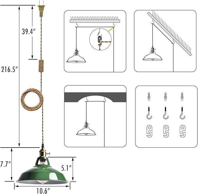 YUBOLE Modern Green Plug-in Pendant Light,Macarons Kitchen Hanging Swag Lighting, Metal Barn Shade with On-Off Switch Plug Cord Light for Bedroom Foyer Dining Bar