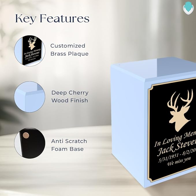 GetUrns Custom Deer Small Urn Box for Human Ashes I Personalized Wooden Keepsake Cremation Urn for Male or Female I Light Blue Memorial Box I 40lbs
