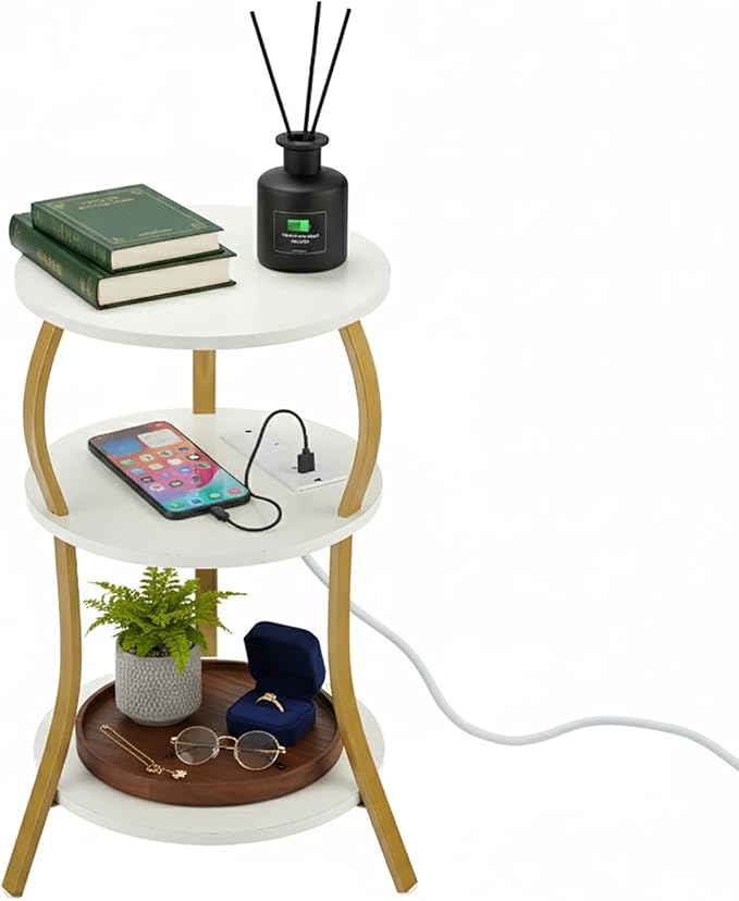 Small Round Side Table with Charging Station, 3-Tier Waist Circular End Table with Storage Shelf, Compact Tea Sofa Side Table Small Spaces, Round Corner Coffee Table for Living Room Bedroon,White+Gold