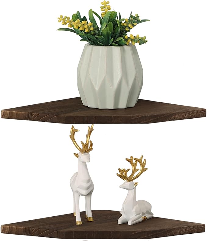 Joiishom Wood Corner Wall Shelves Set of 2, Solid Wood Corner Floating Shelves, Round End Wall Mounted Floating Corner Shelf for Bedroom, Living Room and Kitchen. (Brown-12 inch)