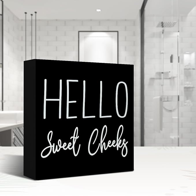 LVQHI Cute Bathroom Shelf Decor, Hello Sweet Cheeks Sign Wooden Box for Shelves Toilet Restroom Tabletop Decoration, Funny Black Bathroom Sign Decor, 5'' L x 5" H ﻿