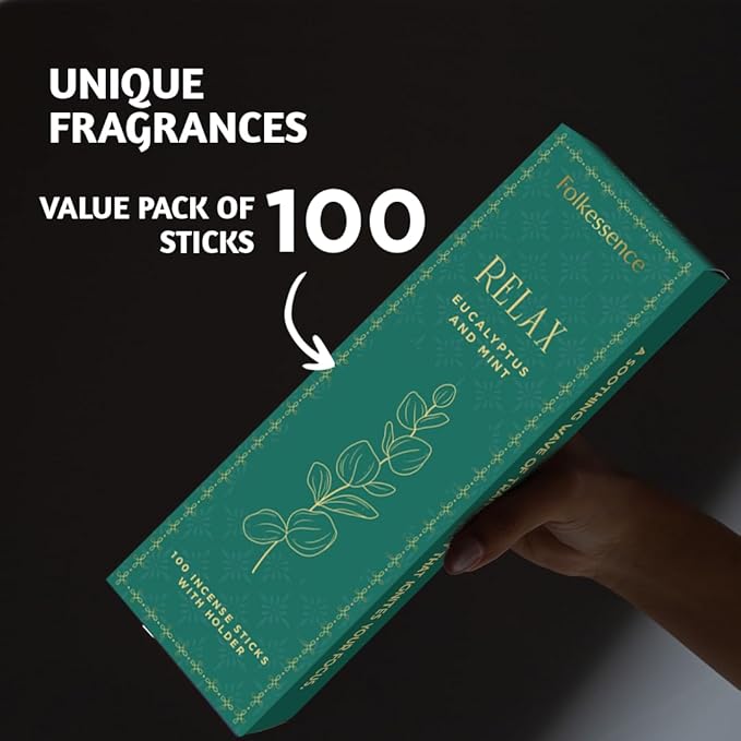 Folkulture Incense Sticks | Set of 100 Insence-Sticks with Holder for Relaxation | Eucalyptus & Mint Incense | Organic, Slow Burning & Non Toxic Inscents for Women