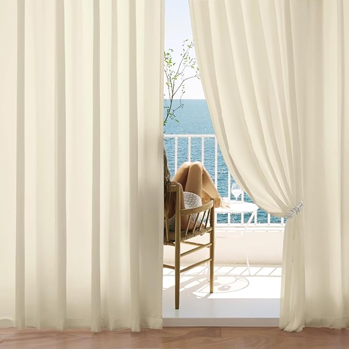 EMEMA Privacy Sheer Curtains 63 Inch Length, Non-See-Through Light Filtering Semi Sheer Curtains for Bedroom Living Room, Window Drapes That Let Light in, 52x63 Inch, 2 Panels, Cream