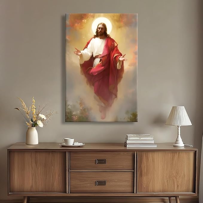 Eysintum Framed Jesus Christ Ascension Wall Art Christian Religious Canvas Print Faith Home Decor Spiritual Poster for Living Room Church Prayer Room 12x16in