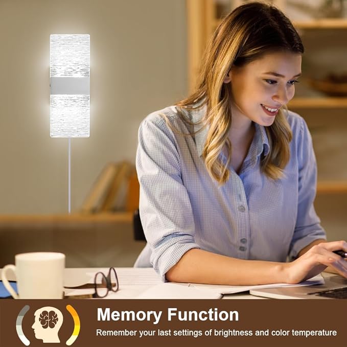 Plug in Wall Sconces with Adjustable 3000K-6500K Colors & 10%-100% Brightness, Sconces Wall Decor Set of 2 with Remote Control, 12W Acrylic LED Plug in Wall Light (1 Pack, Corrugated Finish)