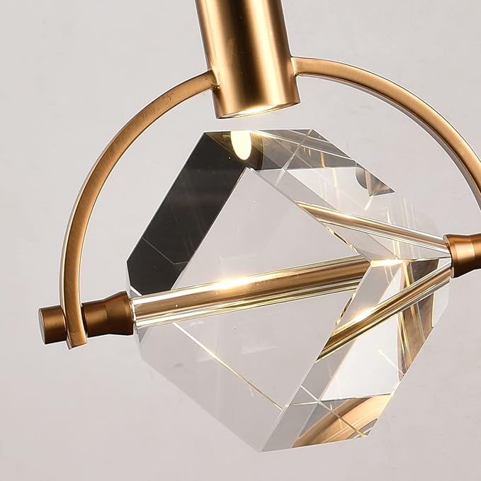 Brass Pendant Light, Cube Crystal Pendant Light Fixture for Kitchen Island, Modern Small Pendant Ceiling Dimmable Light for Dining Room, Vanity Pendant Haging Light for Bedroom