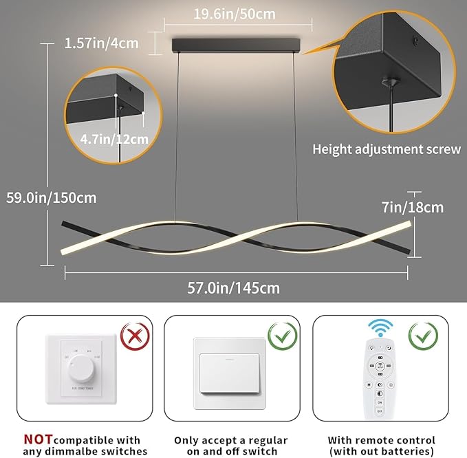 Modern Pendant Lights Fixture, 57in Aluminum LED Chandelier with Remote Control Dimmable 3000k-6000K Color Temperature, Island Lighting Lamp for Kitchen, Dining Room, Billiard Room