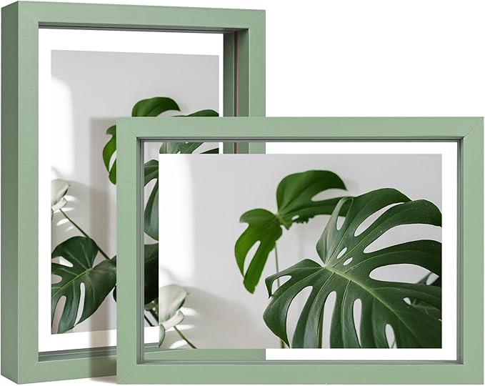 Egofine 5x7 Floating Frames Set of 2, Double Plexiglass Picture Frame, Made of Solid Wood Display Any Size Photo up to 5x7, Wall Mount or Tabletop Standing, Green