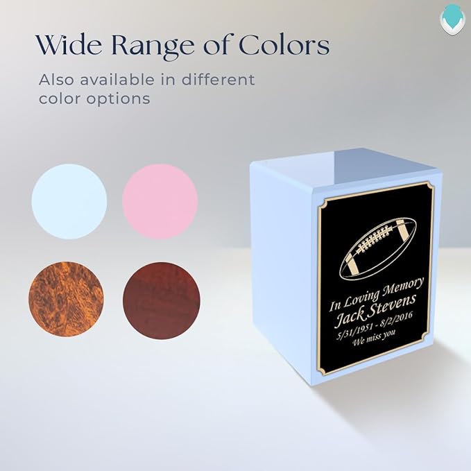 GetUrns Custom Football Small Urn Box for Human Ashes I Personalized Wooden Keepsake Cremation Urn for Male or Female I Light Blue Memorial Box I 40lbs