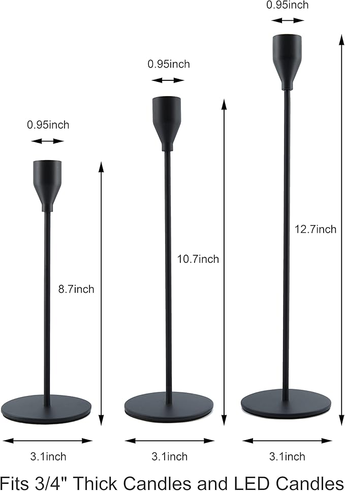 Matte Black Taper Candle Holders, Set of 3 Metal Candlestick Holders for Candle Sticks Holder Decor, Ideal for Mantle Table Centerpiece, Weddings, Dining, Housewarming Gift & Anniversaries