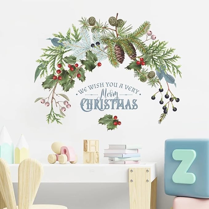 Christmas Wall Stickers Pine Cone Branches Green Plant Door Window Cling Decal Decals for Ornaments
